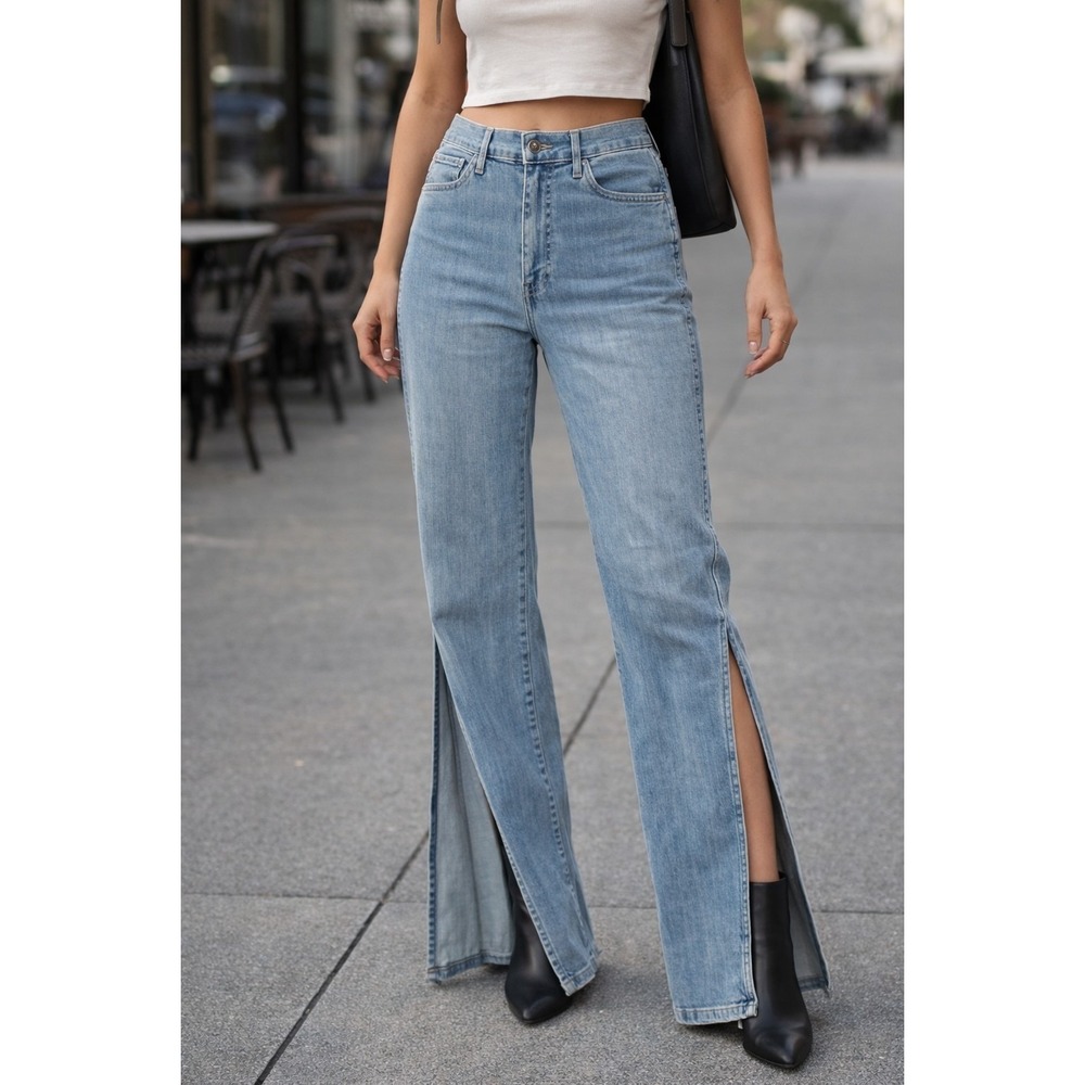 3x1 NYC Womens Jeans Blue Stretch Denim Flare 26 USA High Rise Side Slit Y2K